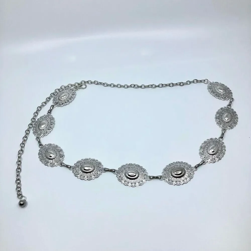 Y2K Boho Silver Ornate Oval Concho Chain Belt, Fits 25.5-45 Inches, X7GA1151